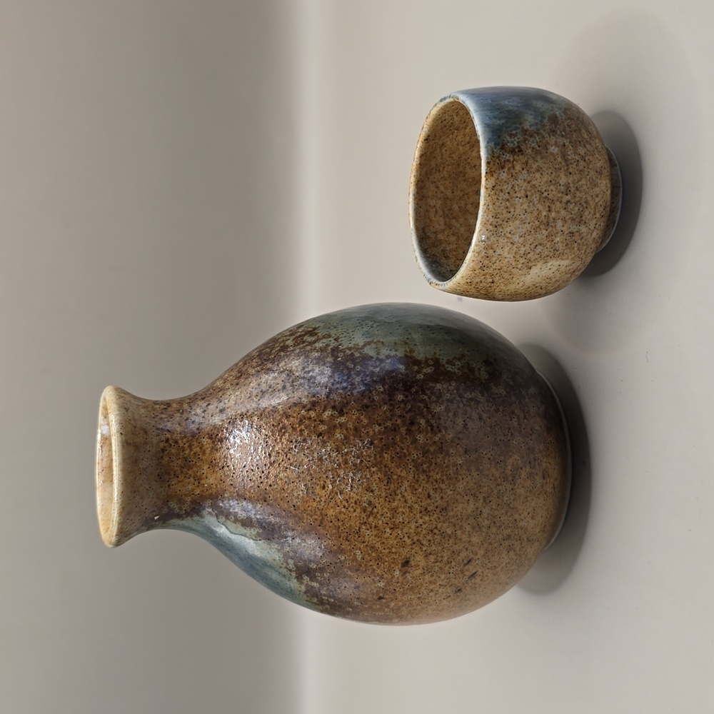 Japanese Mino Ware Sake Bottle & Cup Set Sunaji-Ainagashi Ceramic Pottery Japan - Picture 4 of 8